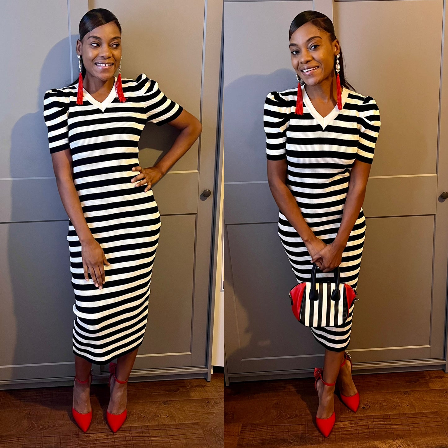 Puff Sleeve Striped Midi Dress