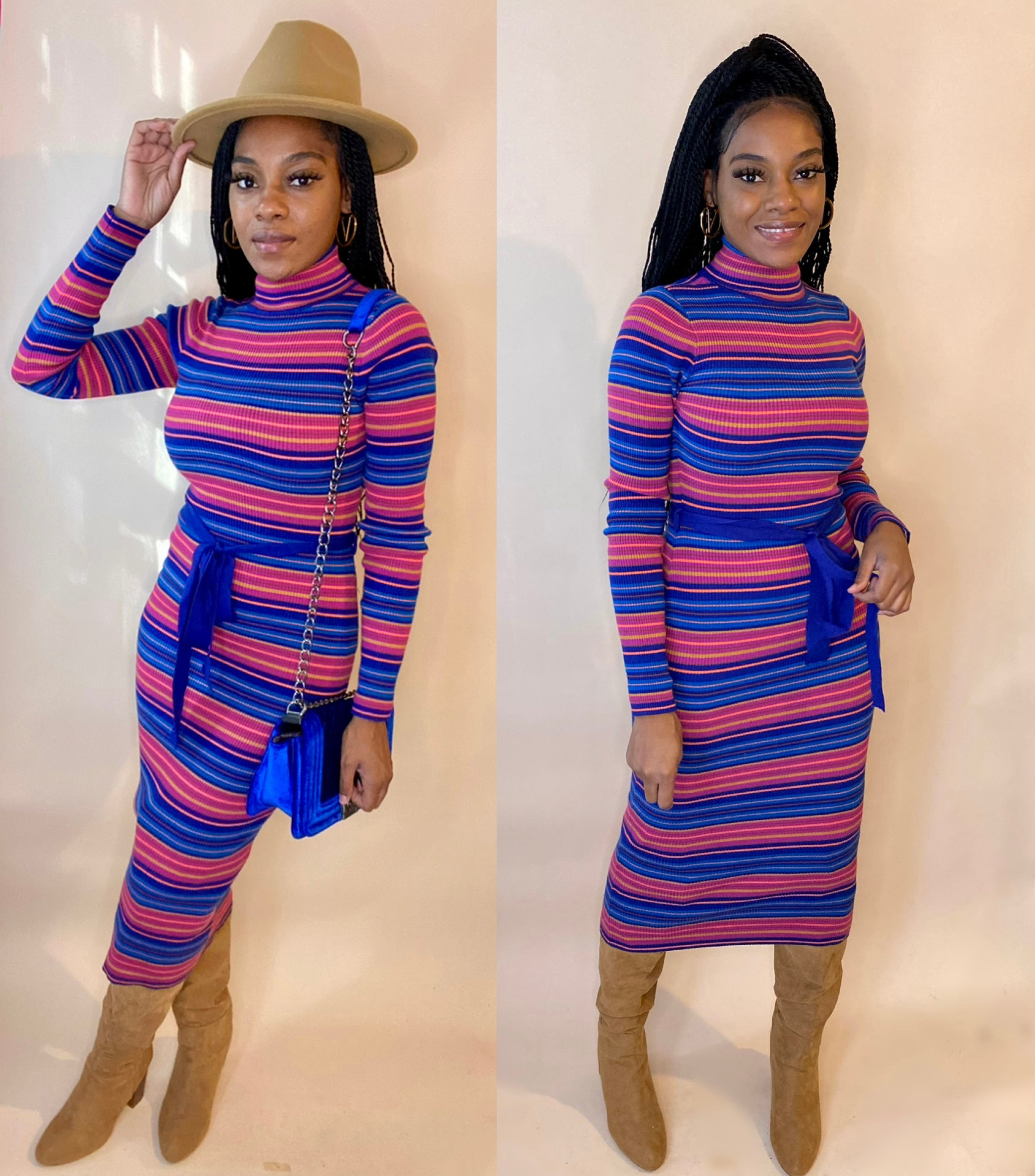 Striped Turtle Neck Sweater Dress