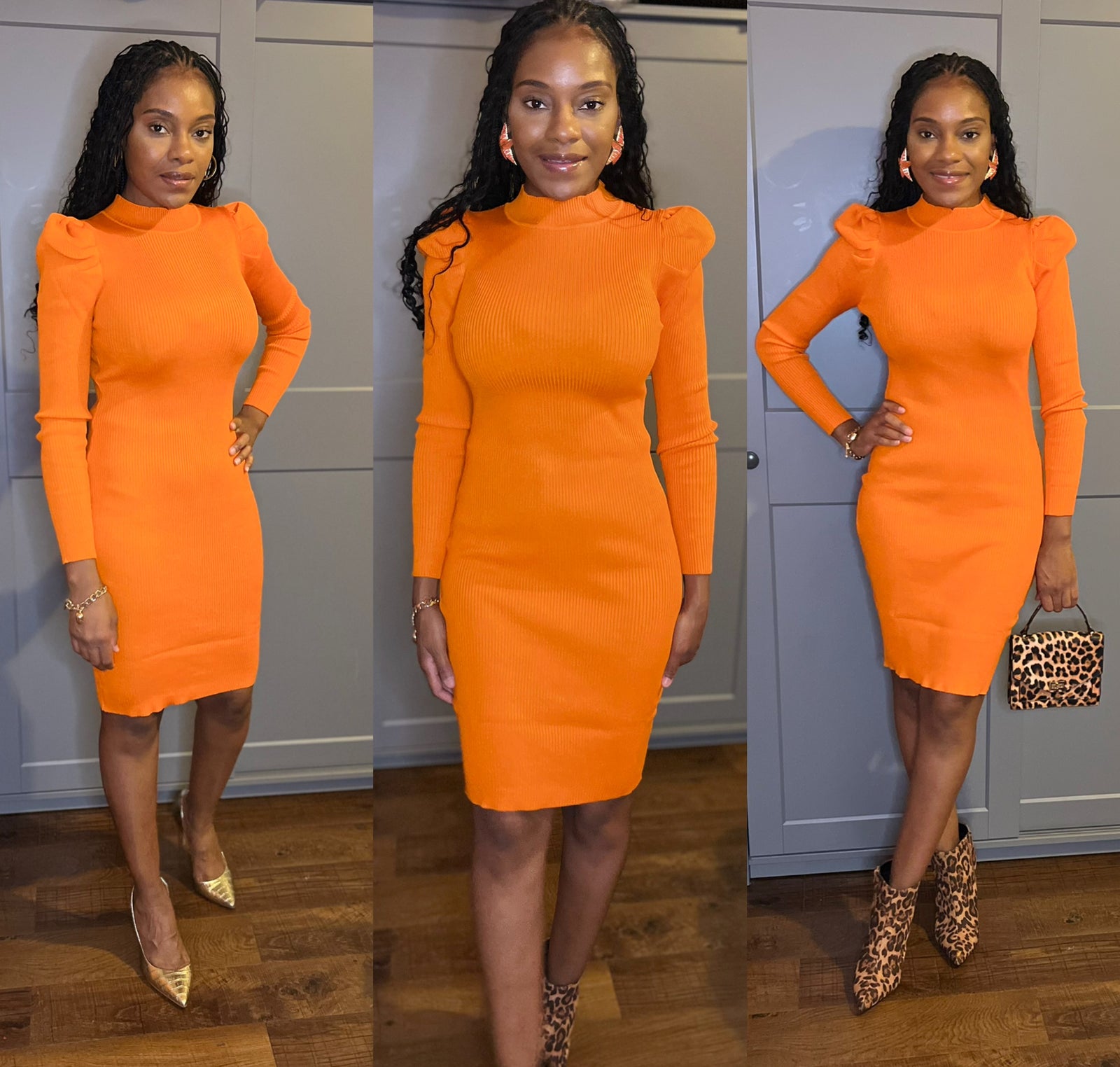Scoop Flutter Sleeves Knee-Length Bodycon Dress Orange
