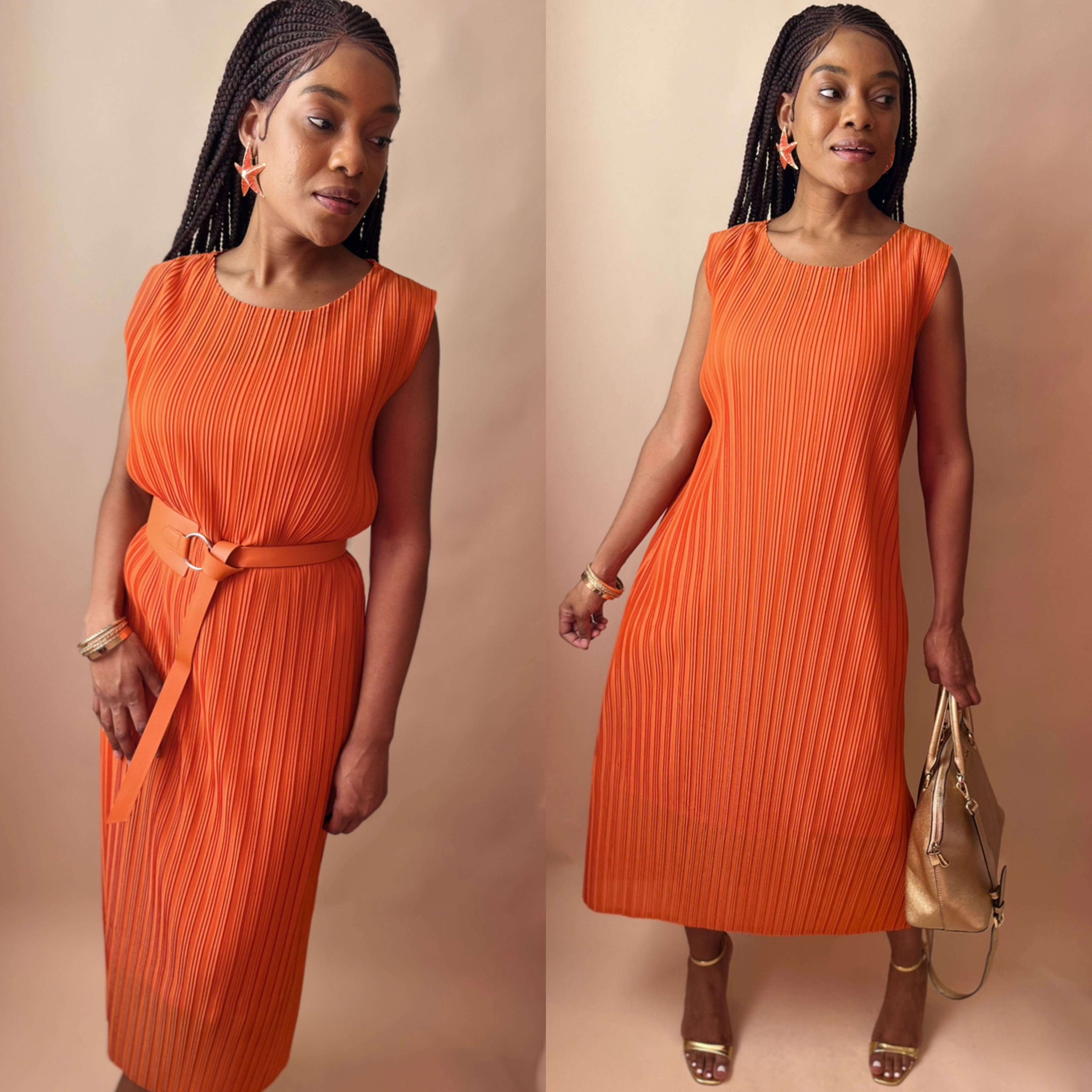 Sleeveless Pleated Dress with Belt