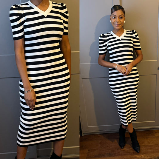 Puff Sleeve Striped Midi Dress