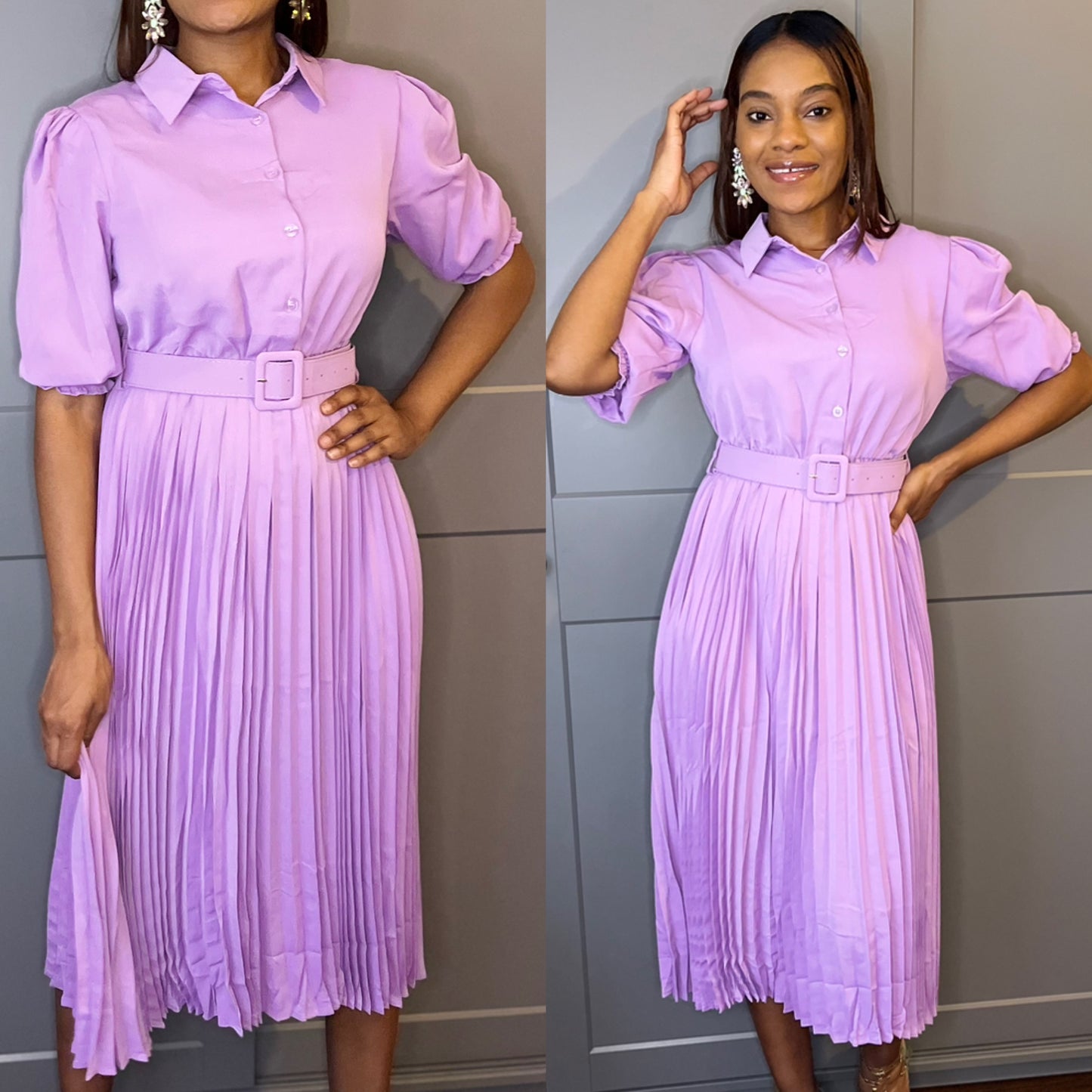 Collared pleated Dress with Belt