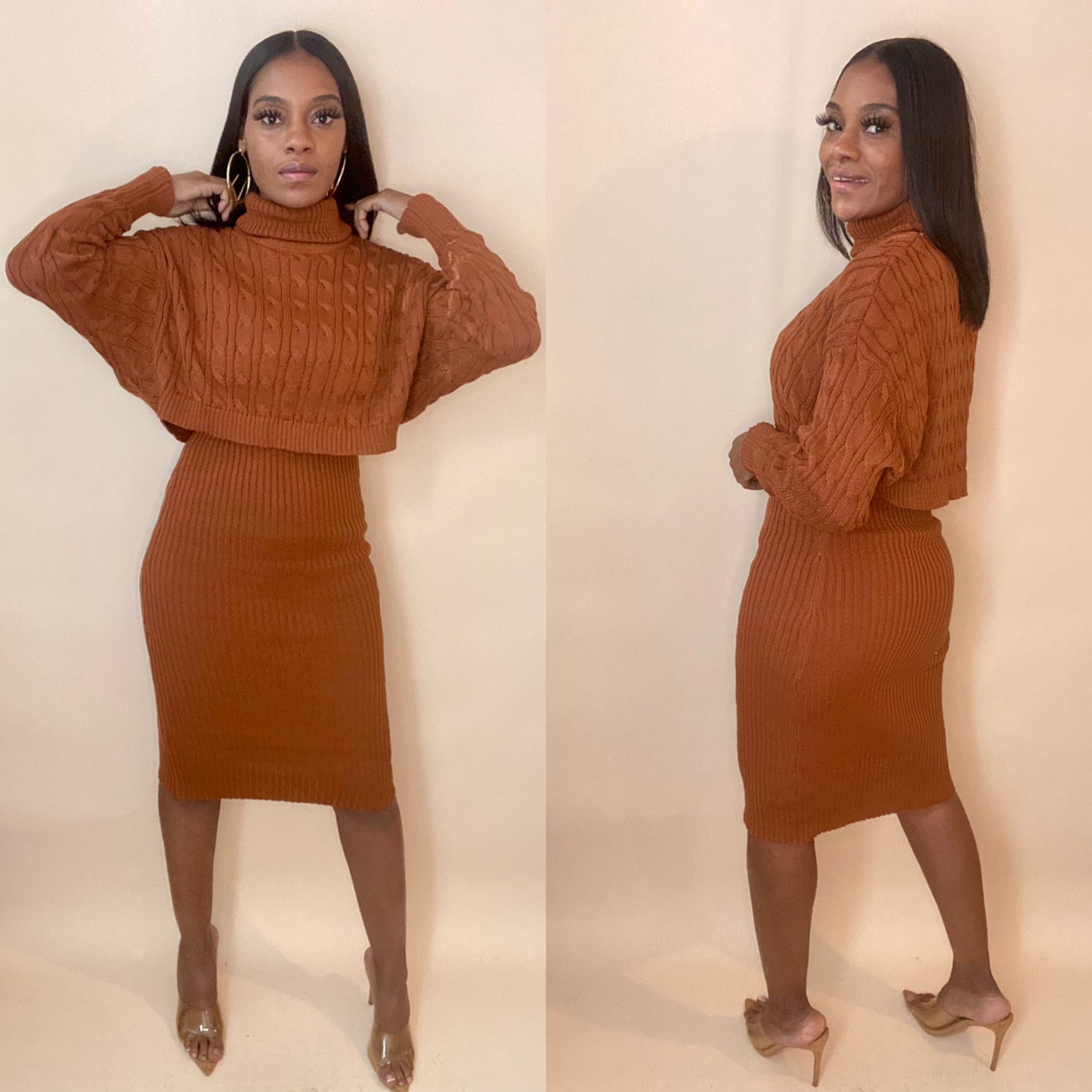 Knitted Sweater Dress & Turtle Neck Crop Top Set