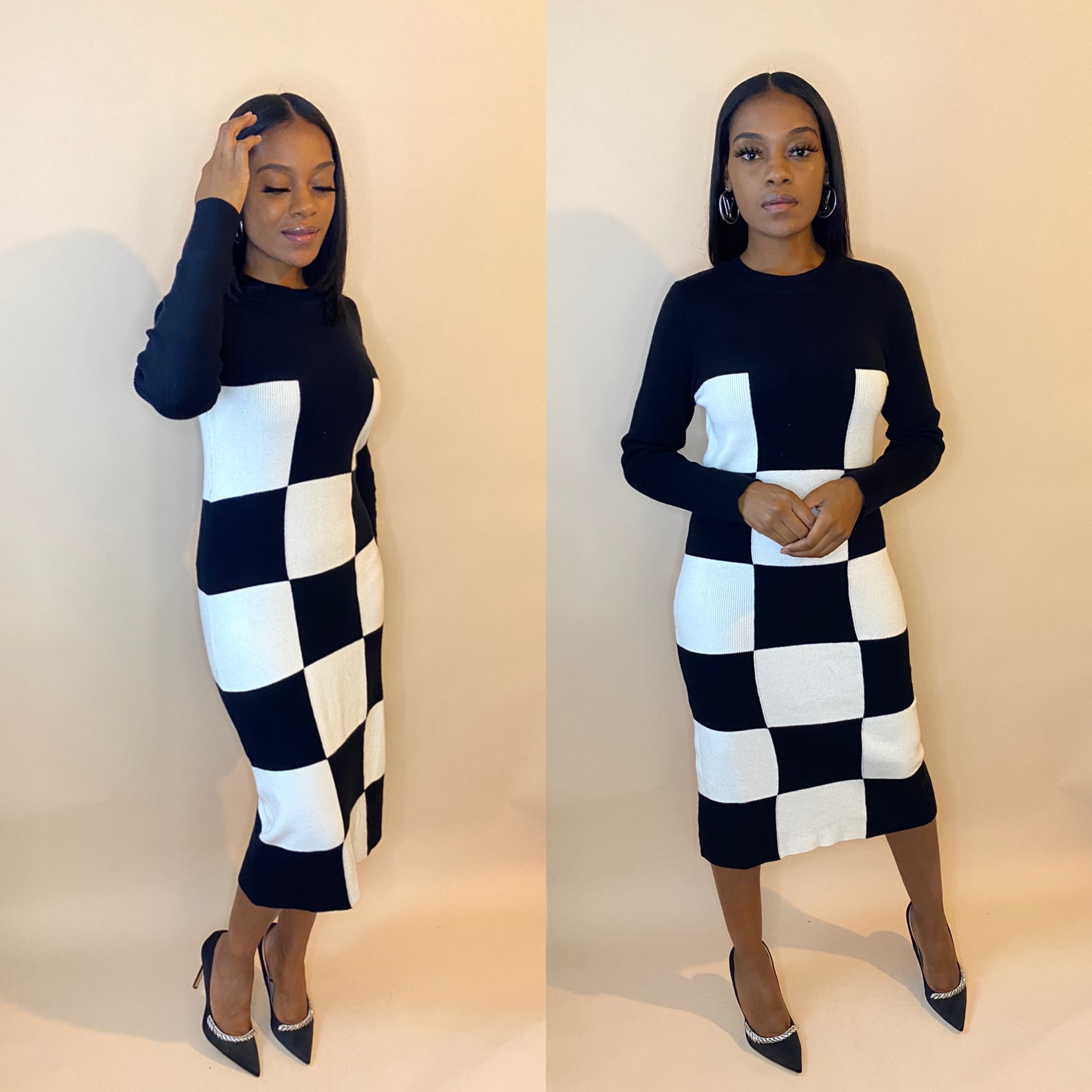 Black & White Checkered Sweater Dress – Kiki_uniquestyles