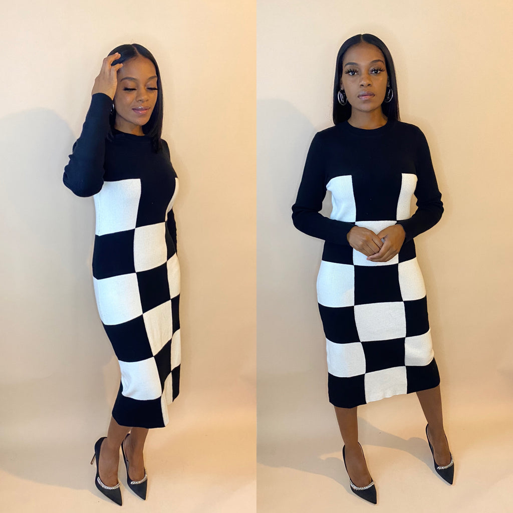 Black & White Checkered Sweater Dress