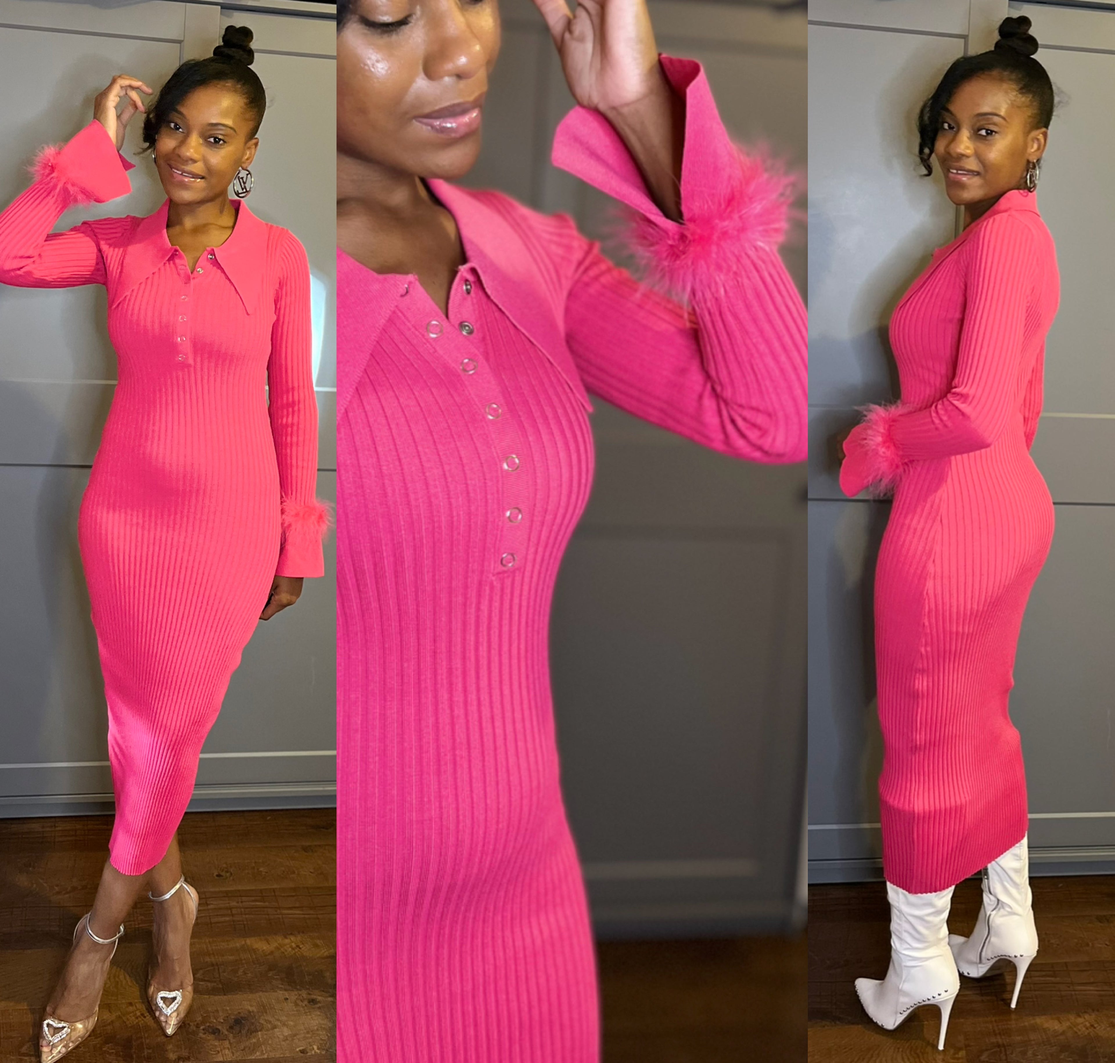 Fur Cuff Sweater Dress