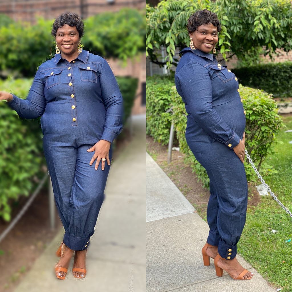 Curvy Denim Gold Buttoned Belted Jumpsuit
