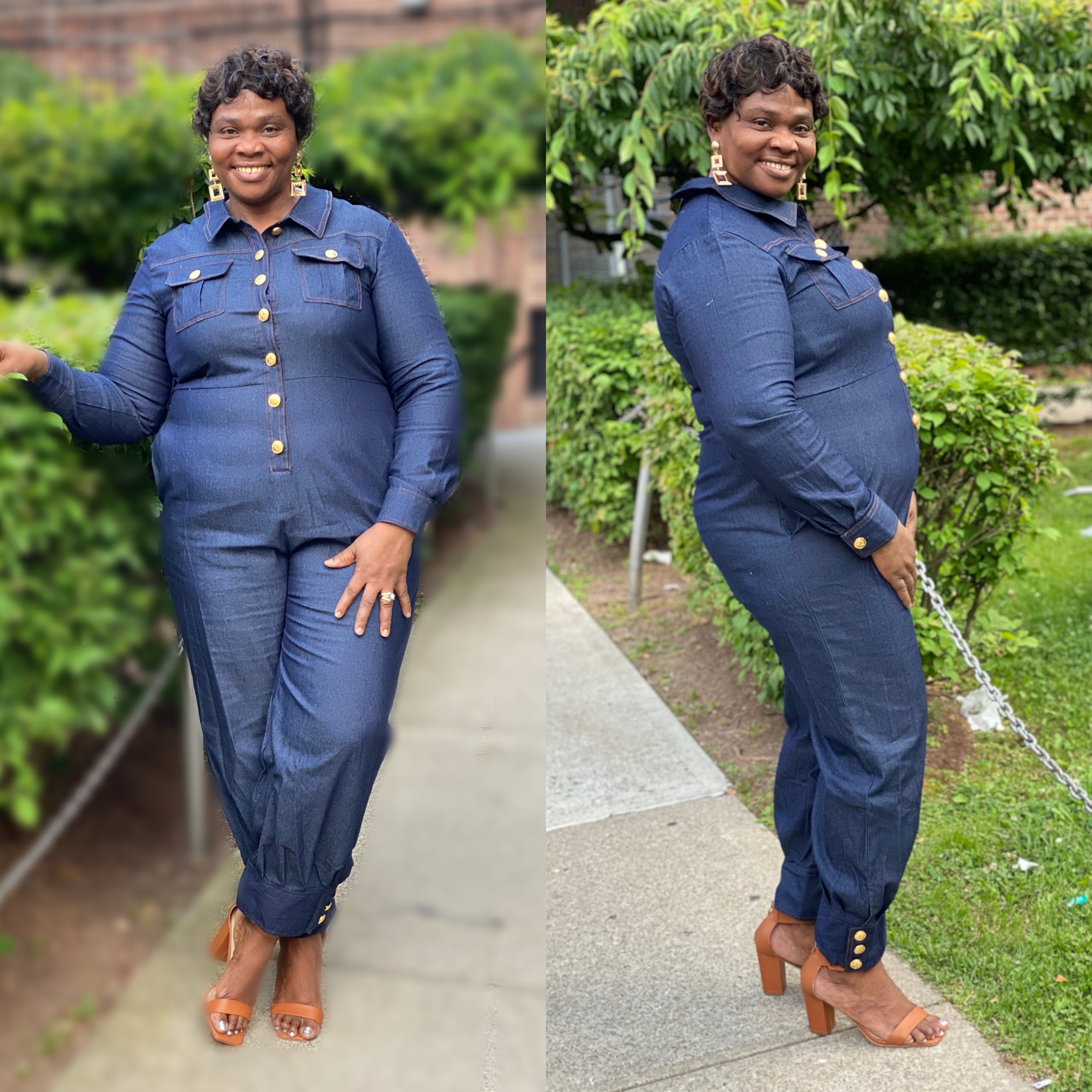 Curvy Denim Gold Buttoned Belted Jumpsuit