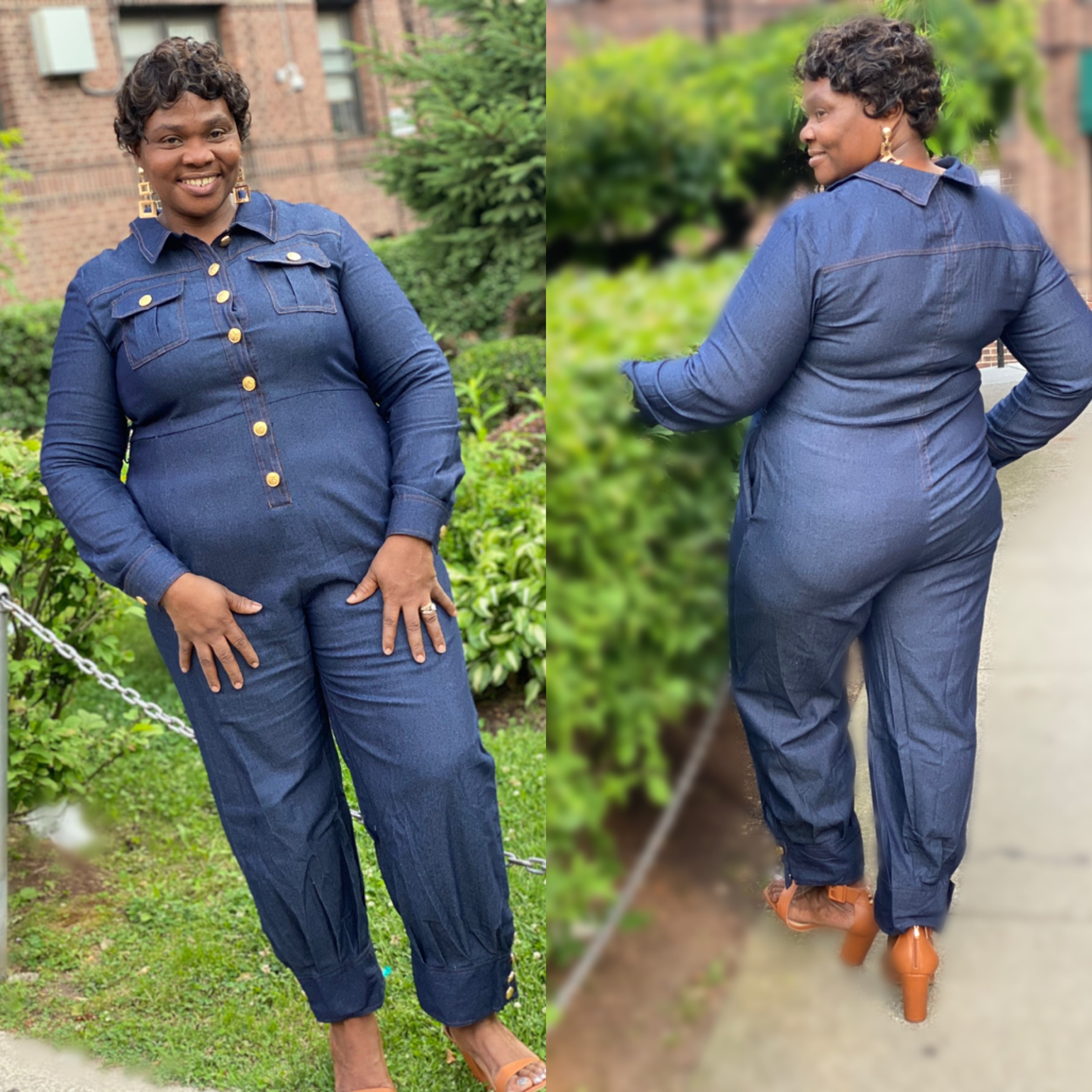 Curvy Denim Gold Buttoned Belted Jumpsuit