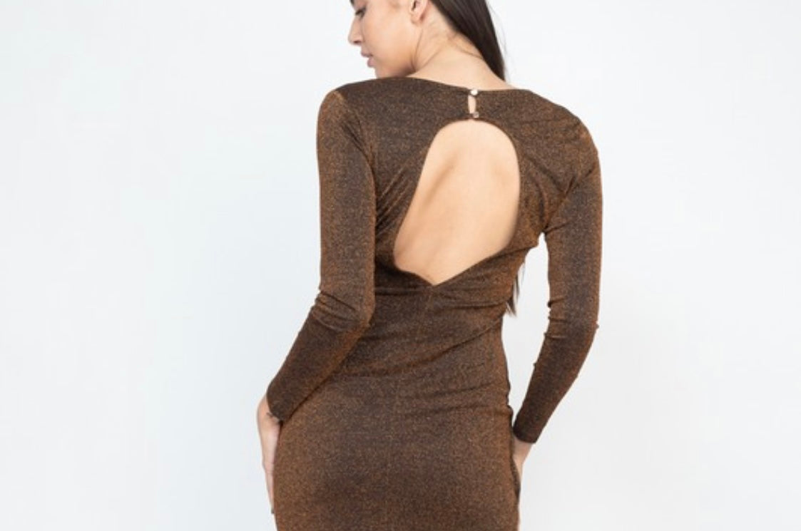 Long Sleeve Metallic V Neck Wrap Dress