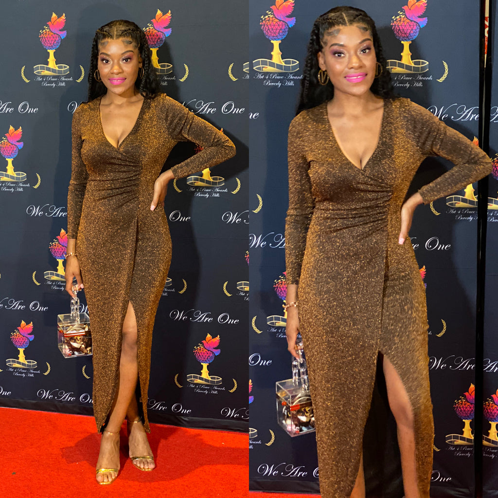 Long Sleeve Metallic V Neck Wrap Dress